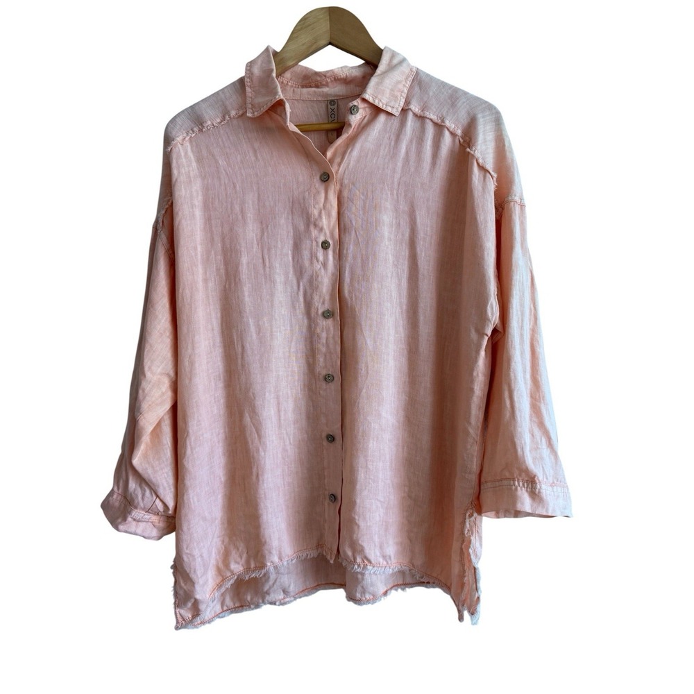 XCVI Linen Button Up Women's Large Pink Lagenlook Resort Vacation Beachy Pink